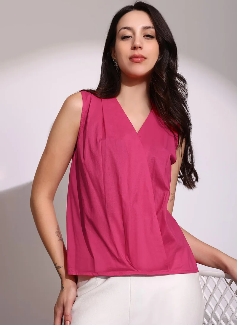 globus Globus Women Pink Sleeveless Wrap V-Neck Gathered & Pleated Casual Top